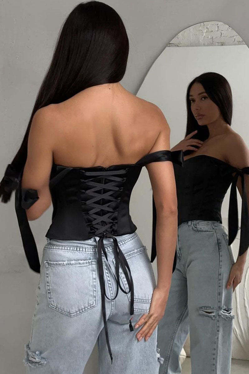 Off Shoulder Ribbon Decor Asymmetric Hem Party Plain Corset Top-Blue