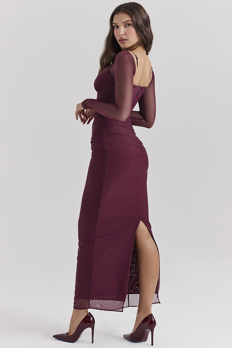Lace Trim Corset Long Sleeve Bodycon Back Slit Maxi Dresses-Burgundy