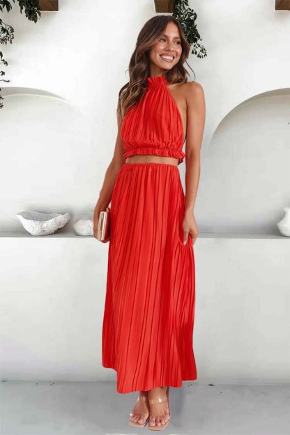 Tied Up Halter Neck Backless Crop Top Slit Maxi Skirt Pleated Slim Matching Sets