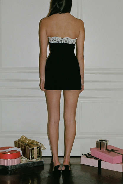 Elegant Colorblock Lace Trim Patchwork Strapless Bodycon Formal Party Mini Dresses-Black