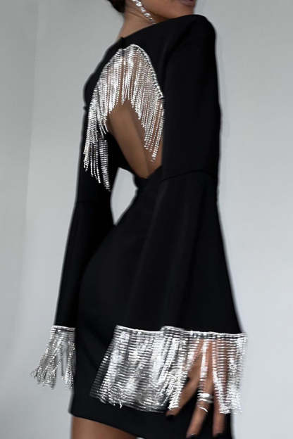 Square Neck Flared Sleeve Rhinestone Fringed Backless Slim Fit Mini Dresses-Black