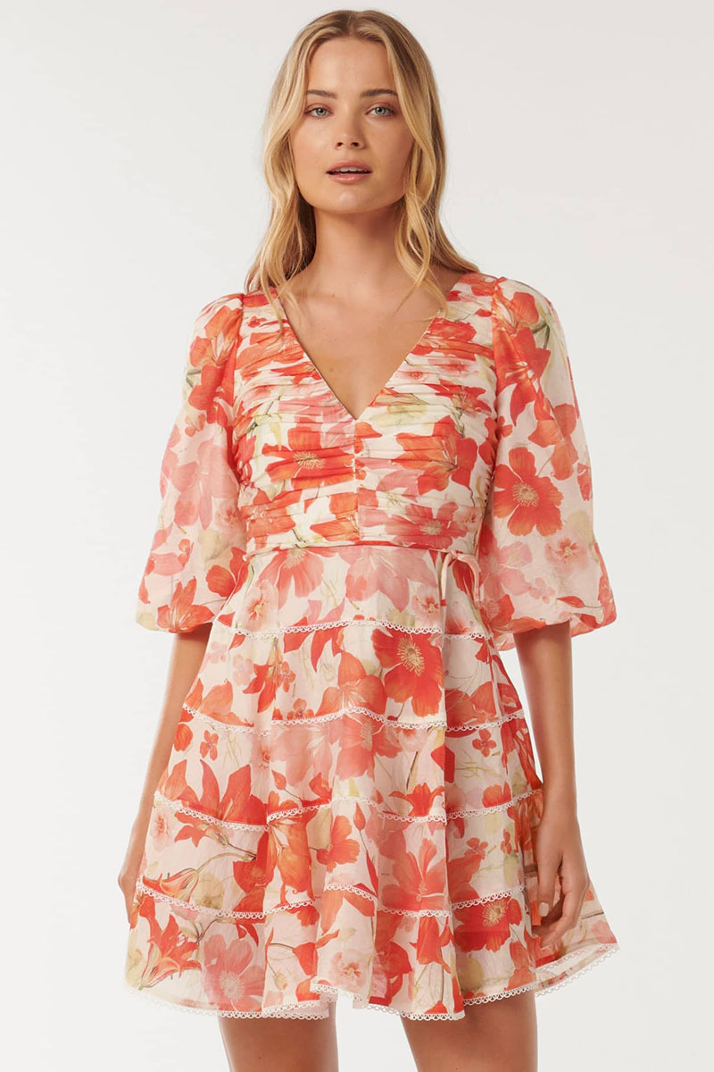 V Neck Ruched Puff Sleeve Floral Print Ribbon Mini Dresses-Red