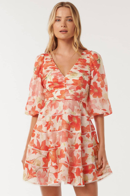 V Neck Ruched Puff Sleeve Floral Print Ribbon Mini Dresses-Red