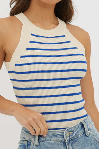 Casual Striped Print Slim Fit Ribbed Knit Tank Top-Blue