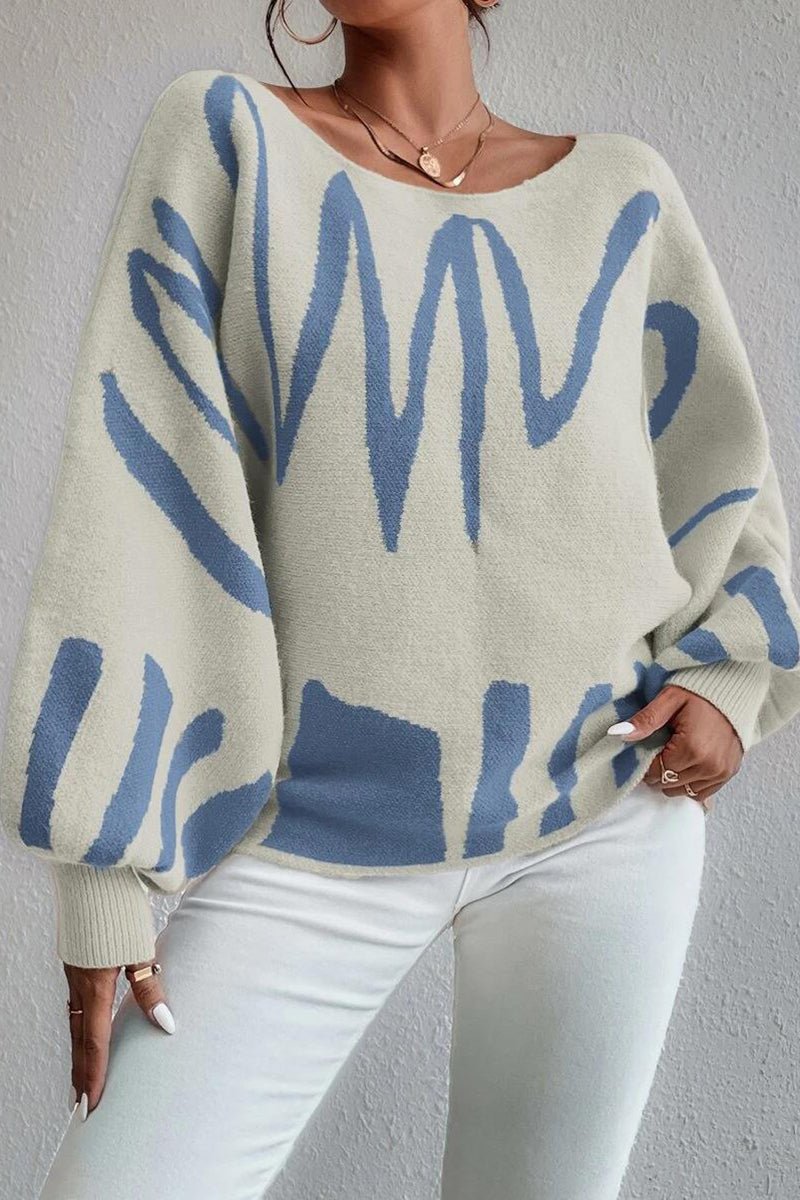 Knit Pattern Print Balloon Sleeve Sweater-Blue