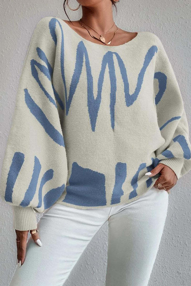 Knit Pattern Print Balloon Sleeve Sweater-Blue