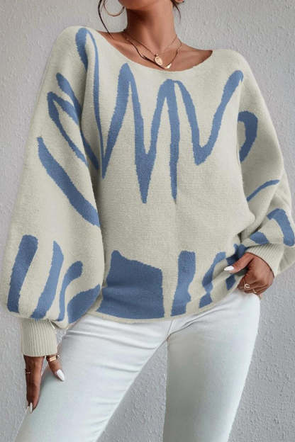 Knit Pattern Print Balloon Sleeve Sweater-Blue