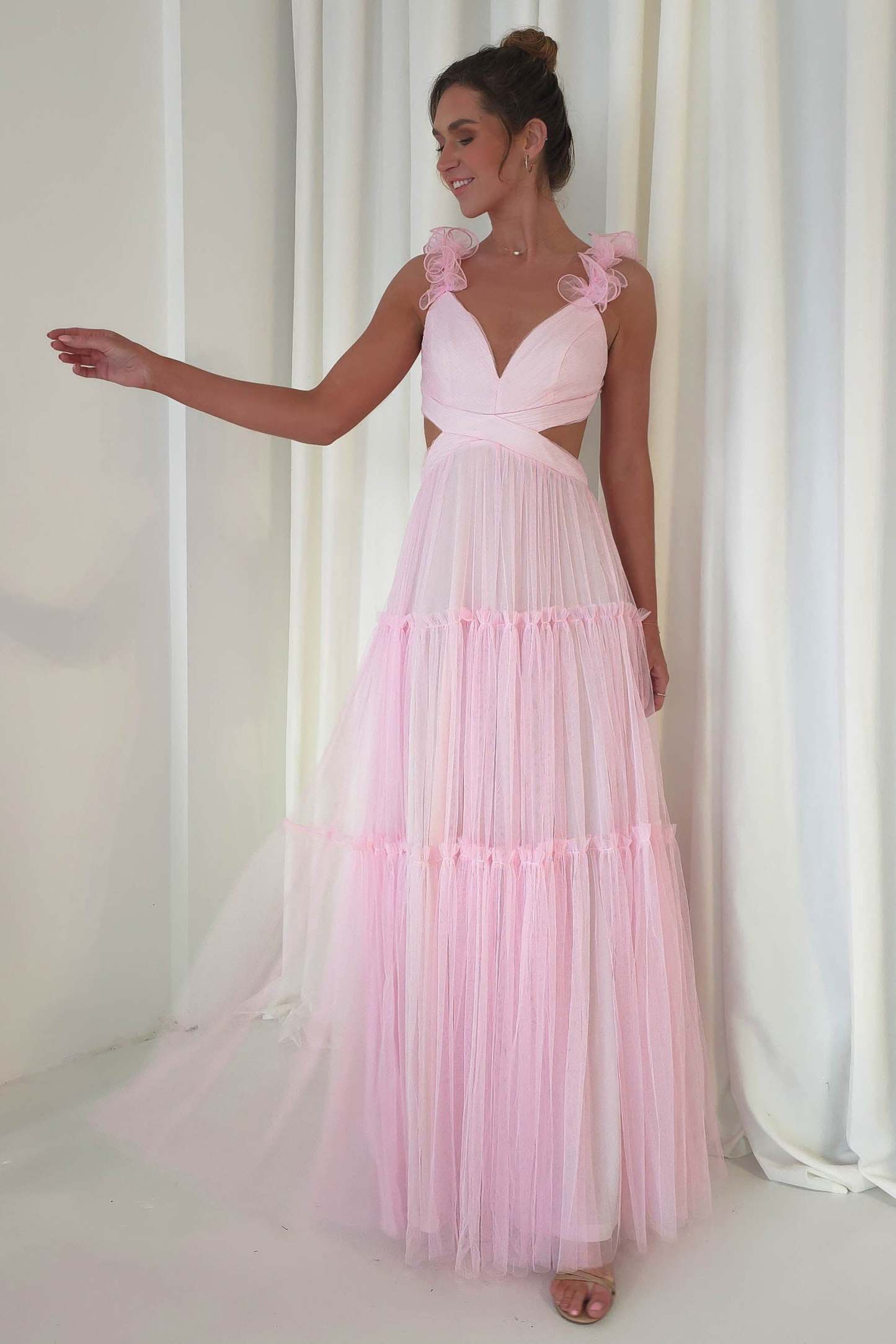 Petal Straps Deep V Neck Backless Tulle Gowns Maxi Dresses-Orange Pre Order