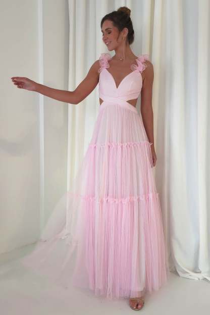 Petal Straps Deep V Neck Backless Tulle Gowns Maxi Dresses-Orange Pre Order