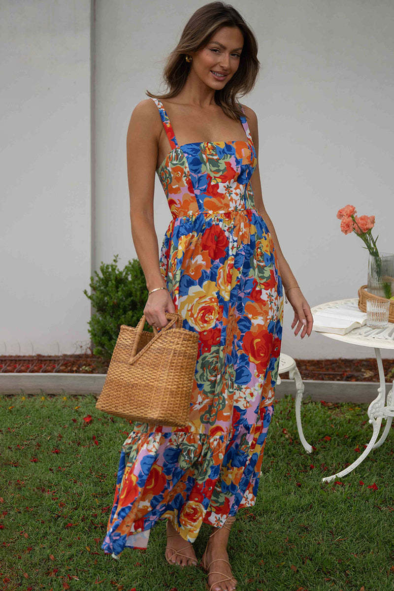 Square Neck Sleeveless Floral Print Pleated Vacation Maxi Dresses
