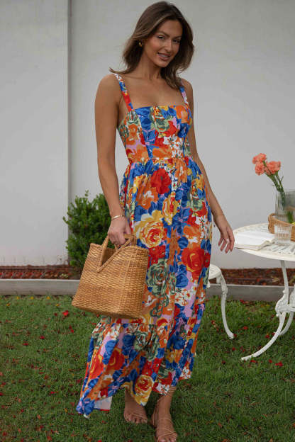 Square Neck Sleeveless Floral Print Pleated Vacation Maxi Dresses