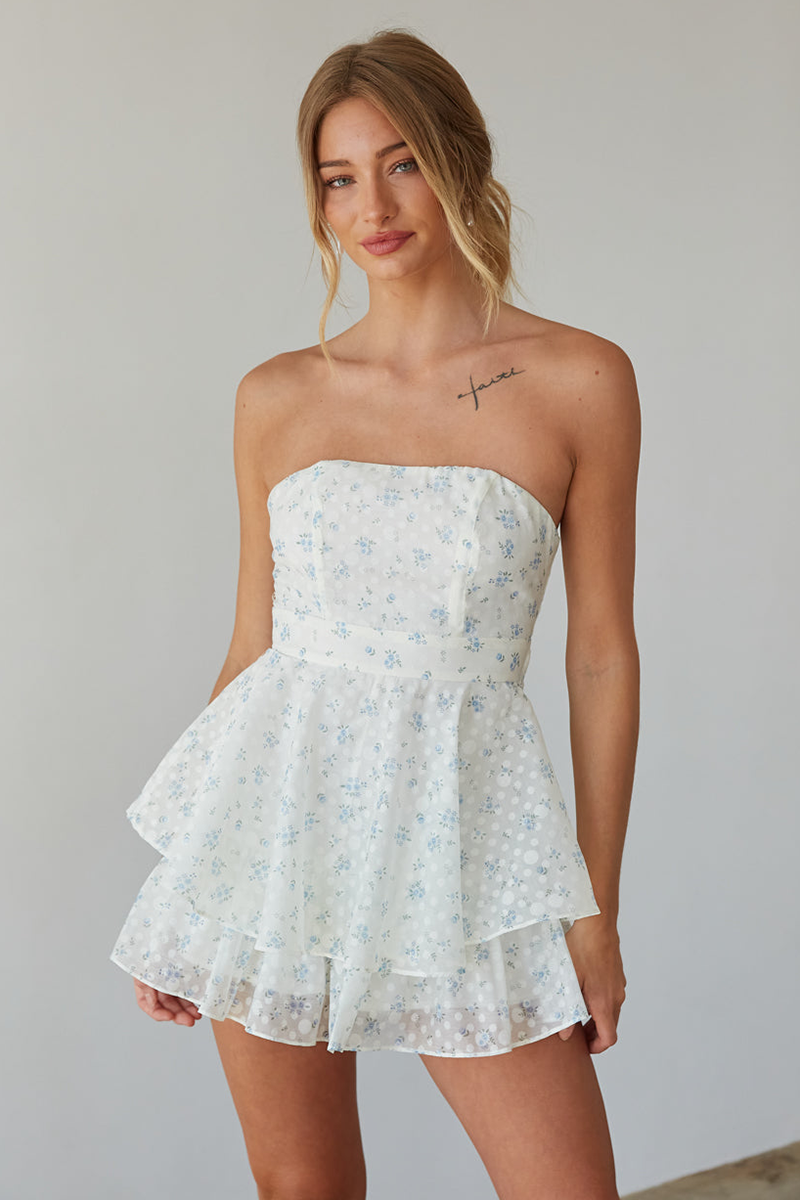 Ditsy Floral Print Tie Up Tiered Strapless Playsuit Romper-White