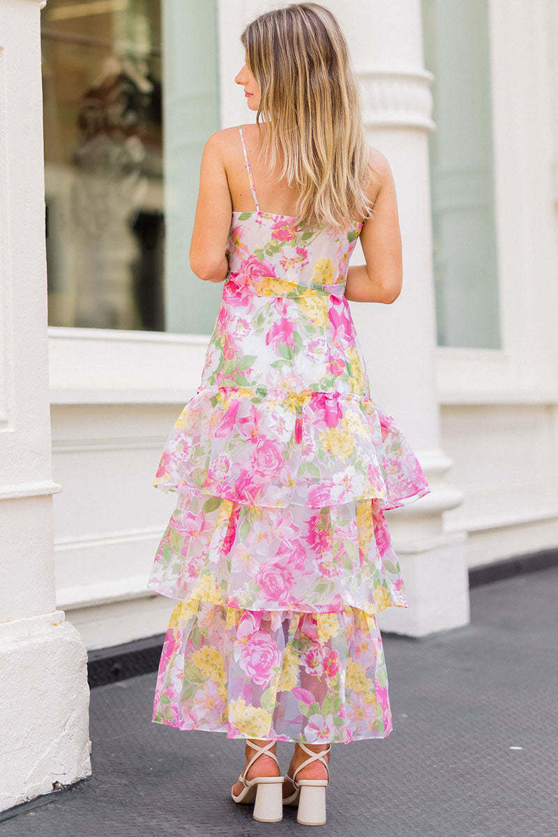 Spaghetti Strap Floral Print Tied Up Tiered Maxi Dresses-Pink