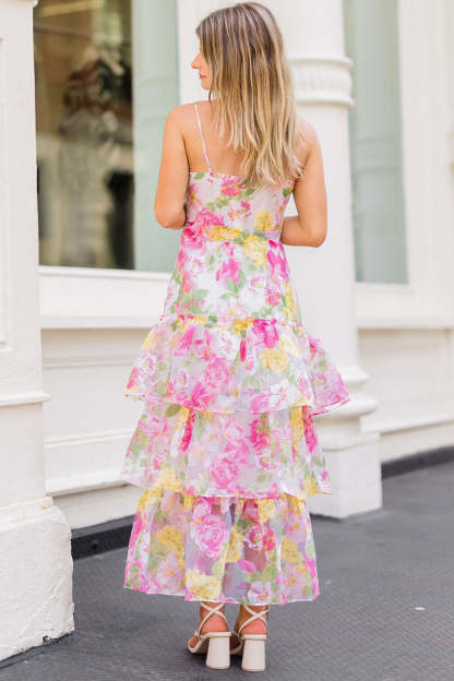 Spaghetti Strap Floral Print Tied Up Tiered Maxi Dresses-Pink