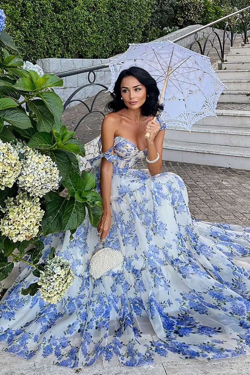 Floral Print Tie Up Cami Cinch Waist Tulle Elegant Gowns Maxi Dresses-Blue