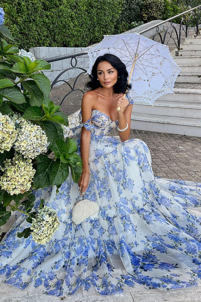 Floral Print Tie Up Cami Cinch Waist Tulle Elegant Gowns Maxi Dresses-Blue