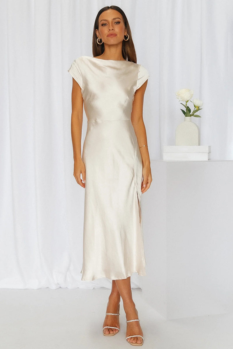 Satin Boat Neck Short Sleeve Backless Twisted Slit Flowy Bridesmaid Midi Dress