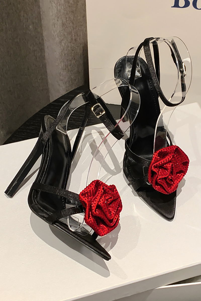 Pointy Peep-Toe 3D Flower Decor Ankle Strap Stiletto Heels-Black