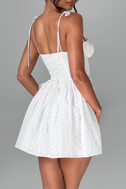 Spaghetti Strap Tie Up Corset A-Line Jacquard Mini Dresses-White Pre Order