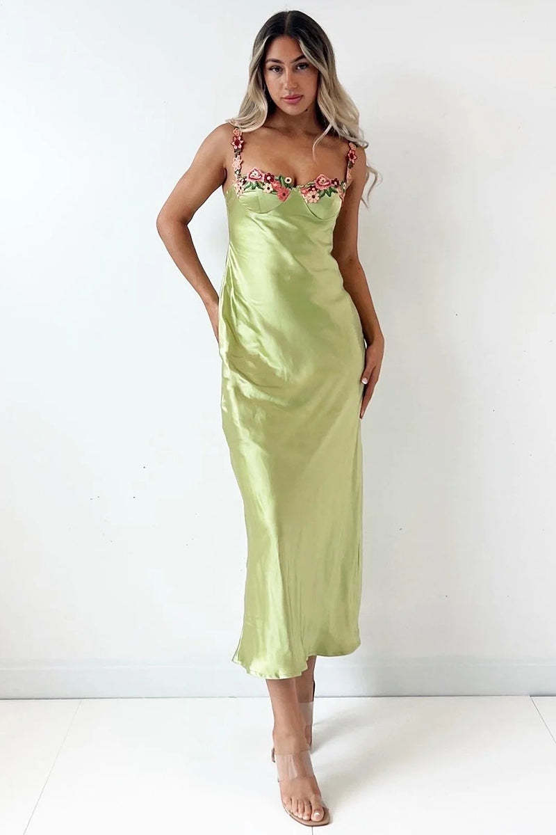 Embroidered Flower Boat Neck High Slit Satin Slim Garden Party Slip Maxi Dresses