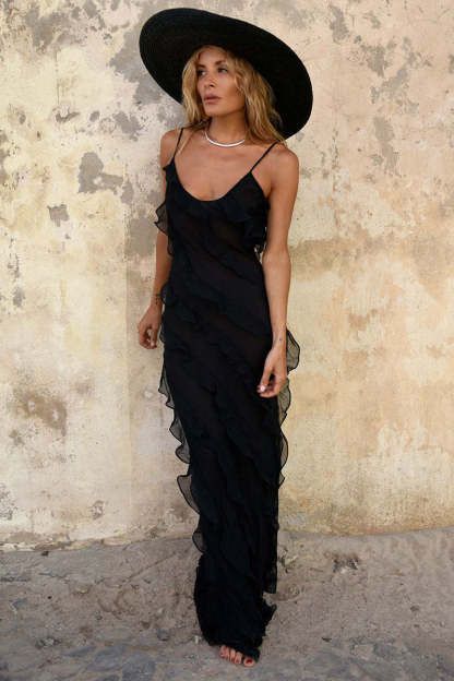 Ruffled Slit V Neck Backless Prom Slip Maxi Dresses