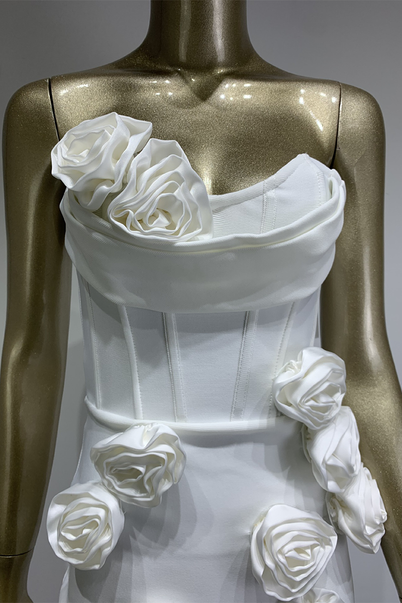 Strapless Corset 3D Flowers Decor Bodycon Gowns Maxi Dresses-White
