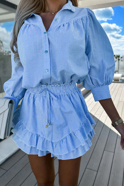 Striped Button Up 3/4 Lantern Sleeve Blouse Ruffled Mini Skirt Matching Set-Blue