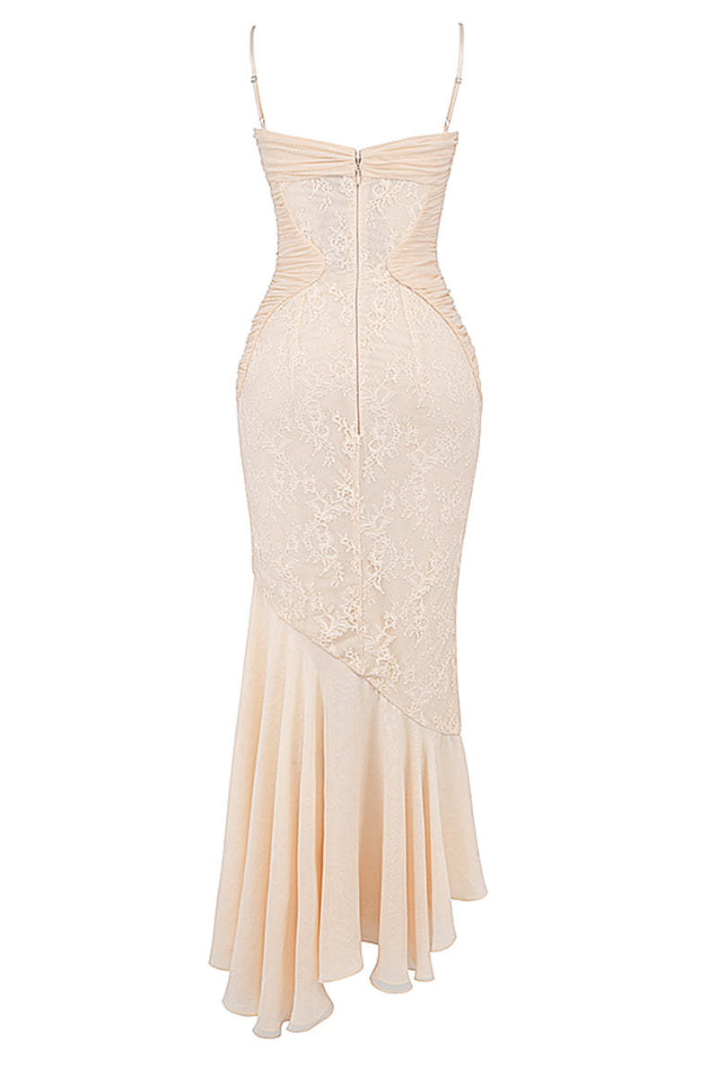 Lace Patchwork Bodycon Fishtail Hem Spaghetti Strap Chiffon Maxi Dresses-Beige