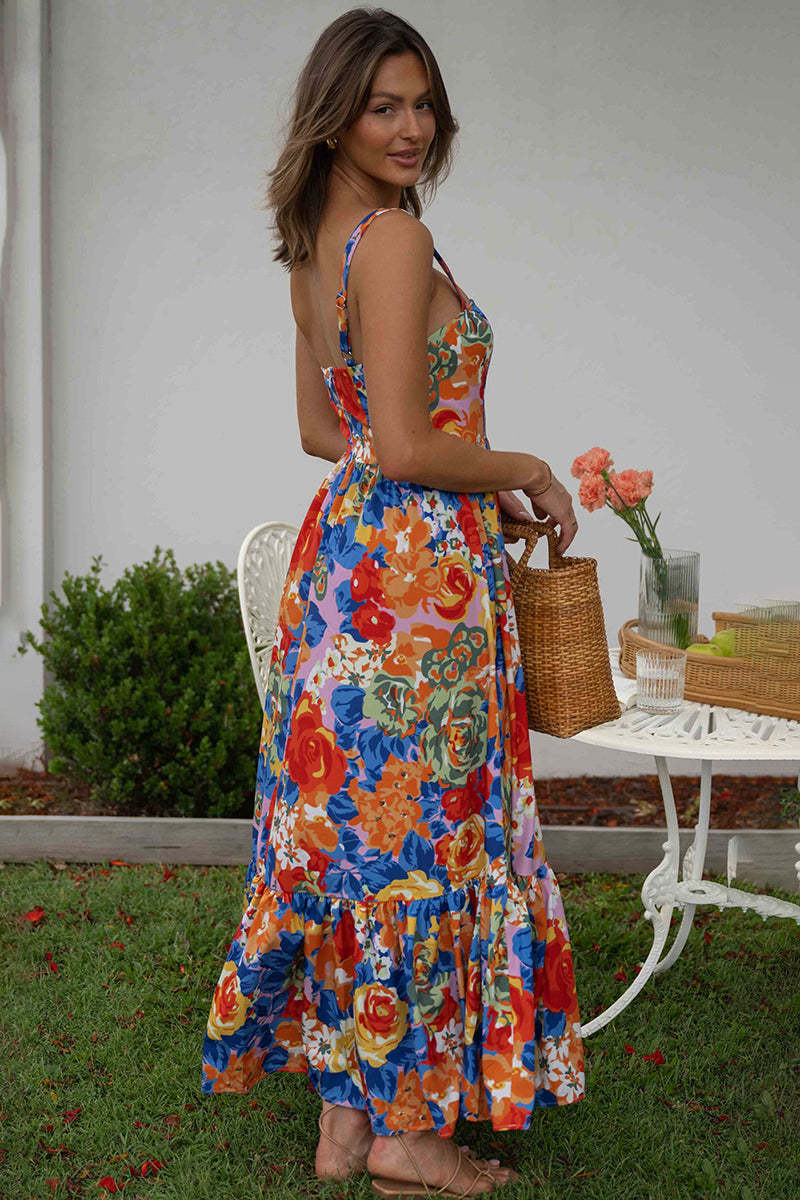 Square Neck Sleeveless Floral Print Pleated Vacation Maxi Dresses