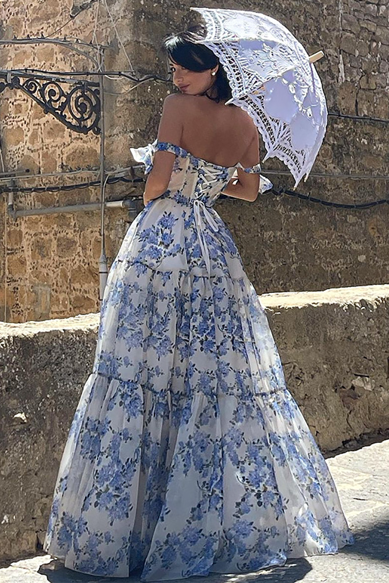 Floral Print Tie Up Cami Cinch Waist Tulle Elegant Gowns Maxi Dresses-Blue