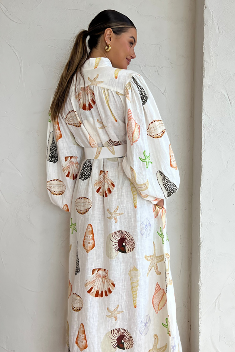 Seashell Starfish Print Lantern Sleeve Button Up Blouse Maxi Dresses-White