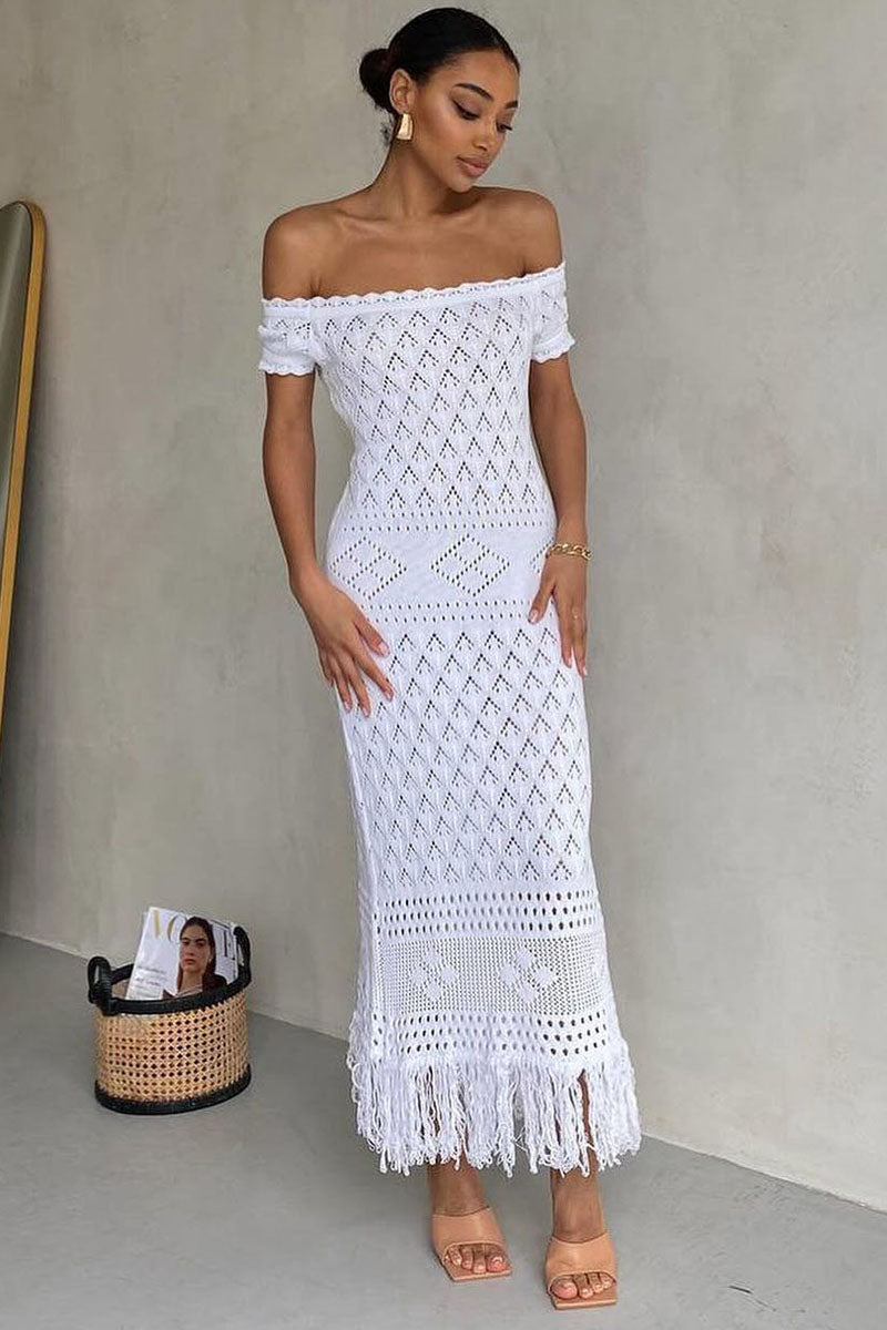 Off Shoulder Hollow Out Boho Knit Fringe Hem Vacation Maxi Dresses-White