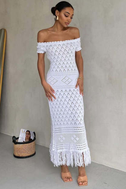 Off Shoulder Hollow Out Boho Knit Fringe Hem Vacation Maxi Dresses-White