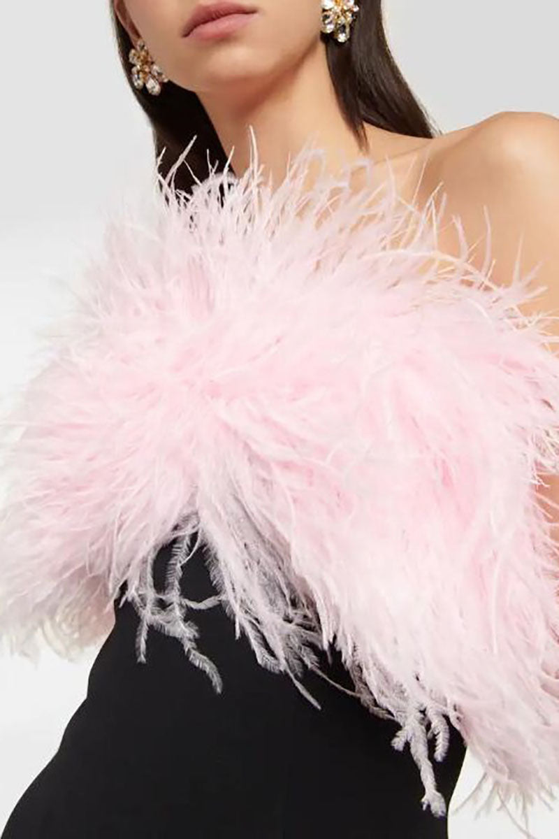 Feather Strapless Slim Fit Rhinestone Trim Slit Cocktail Party Mini Dresses-Black