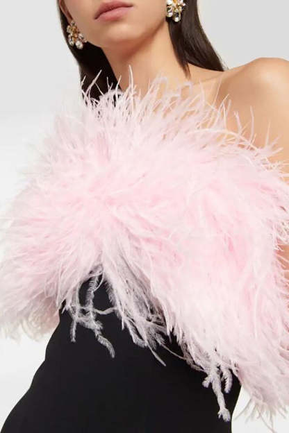 Feather Strapless Slim Fit Rhinestone Trim Slit Cocktail Party Mini Dresses-Black