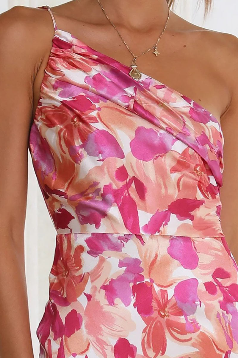 Floral Print One Shoulder Asymmetric Midi Dresses