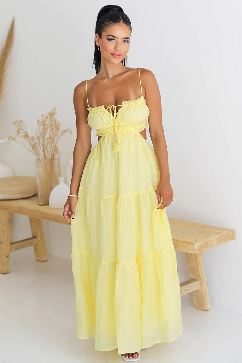 Tied Up Backless Ruched Tiered Pleated Slip Maxi Dress