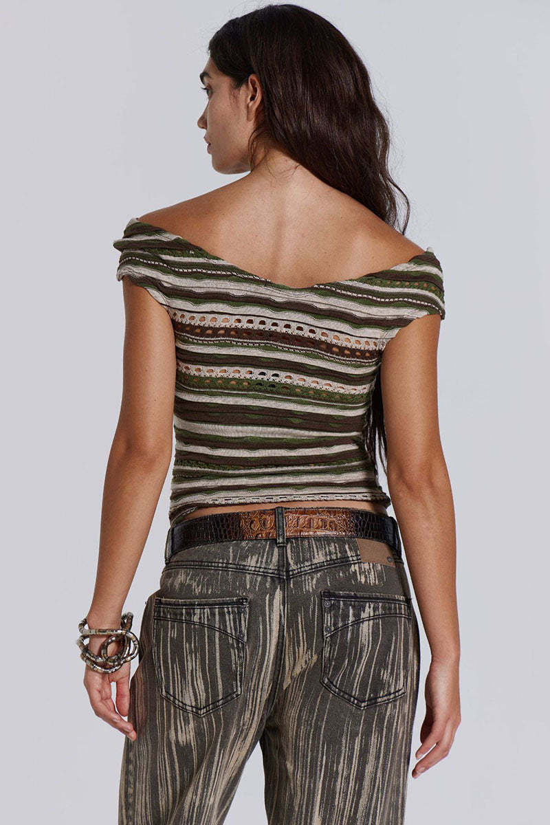 Boat Neck Off Shoulder Boho Pattern Hollow Out Vacation Crop Top-Green