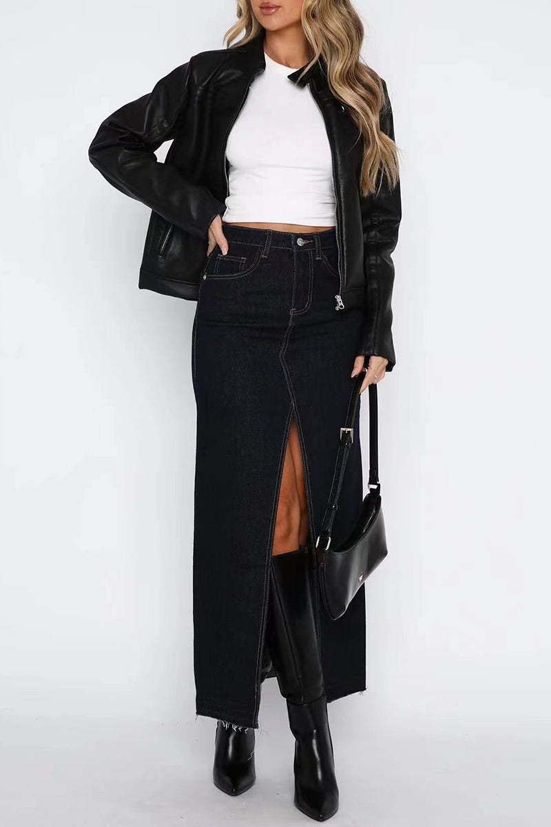 Denim Bodycon Slit Front Pocket Maxi Skirt-Blue