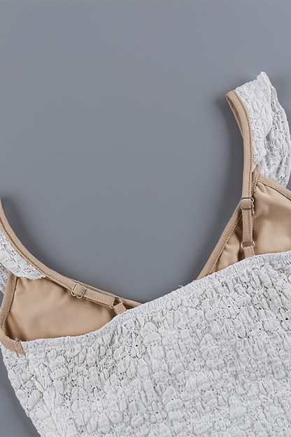 V Neck Contrast Binding Tie Up Textured Lace Sleeveless Crop Top-White