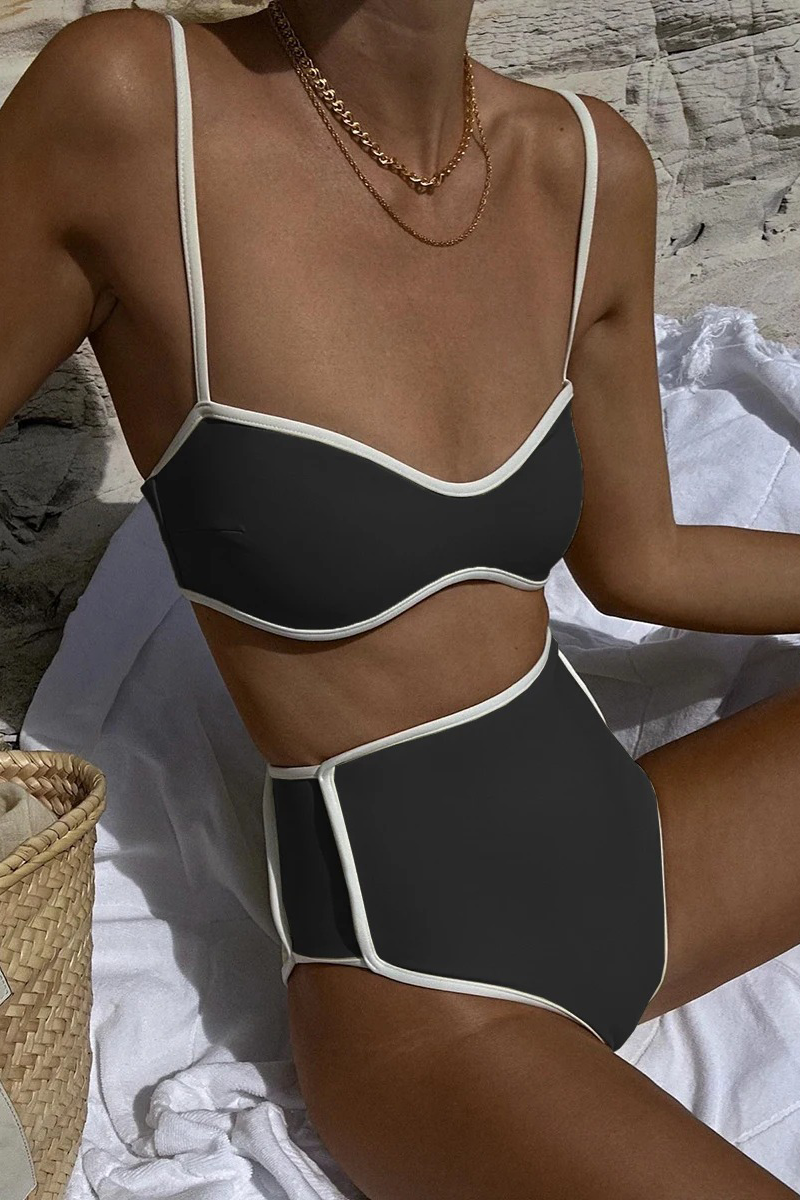 Contrast Binding V Neck Crop Cami High Waist Bikini Two-Piece Set-Black