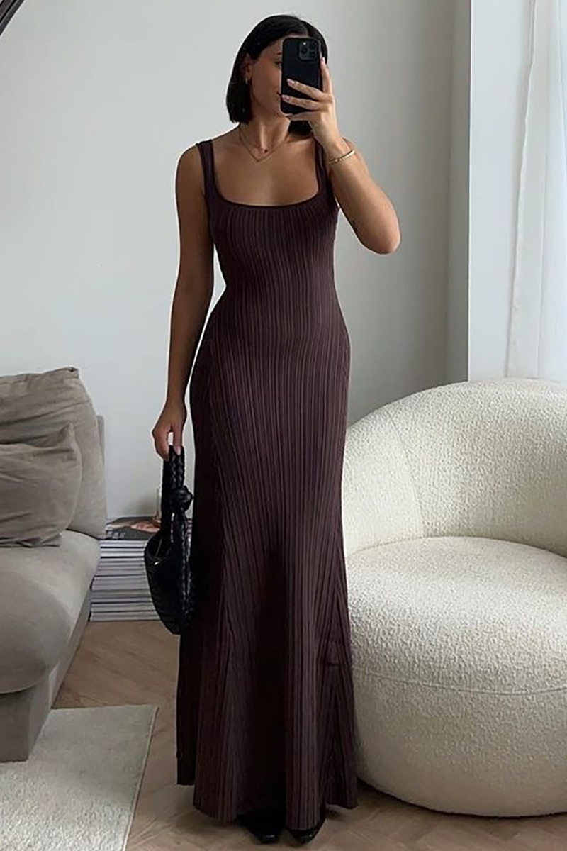 U Neck Slim Fit Knit Pleated Maxi Tank Dresses-Brown