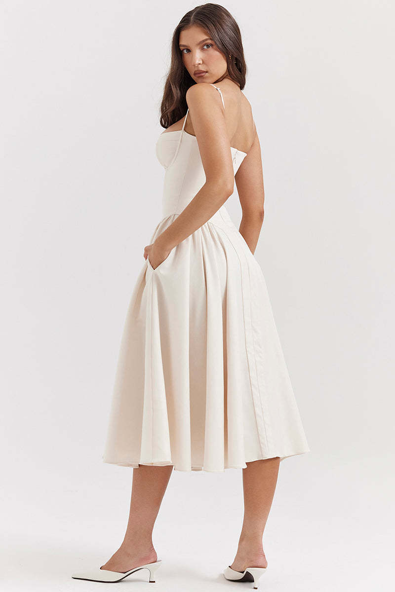 Elegant Cinch Waist Pleated Formal Party Slip Midi Dresses-Beige