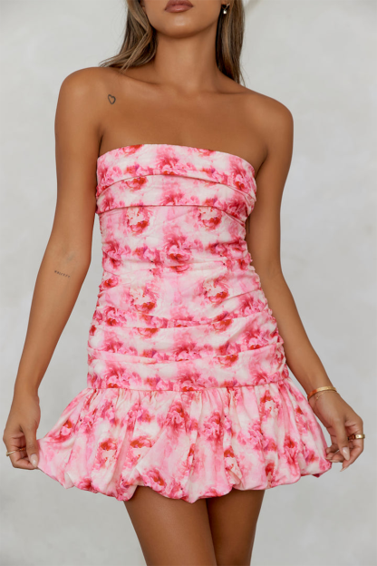 Floral Print Strapless Slim Fit Puffy Hem Mini Dresses-Pink