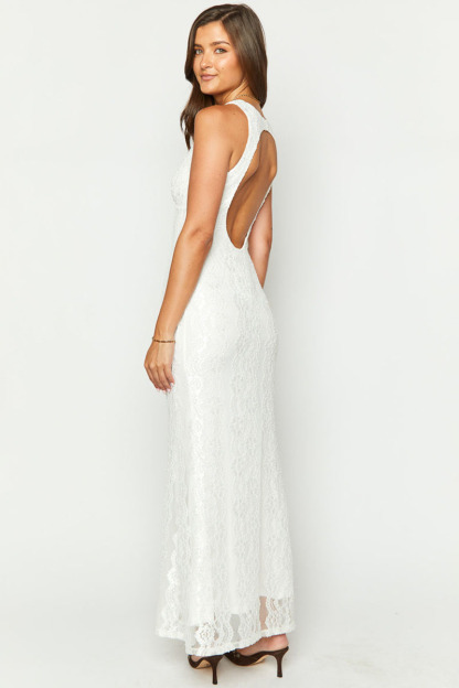 V Neck Open Back Slim Fit Lace Elegant Maxi Dresses-White Pre Order