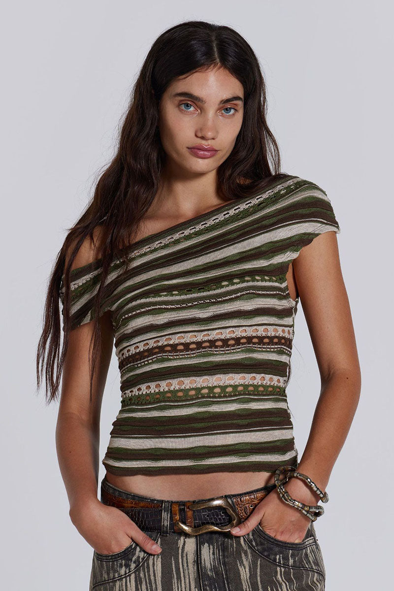 Boat Neck Off Shoulder Boho Pattern Hollow Out Vacation Crop Top-Green