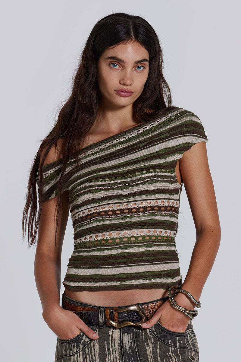 Boat Neck Off Shoulder Boho Pattern Hollow Out Vacation Crop Top-Green