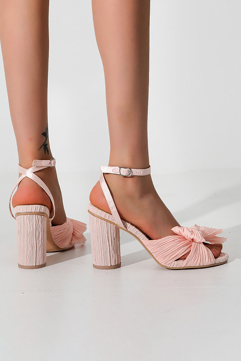 Pleated Bow Ankle Strap Chunky High Heel Sandals