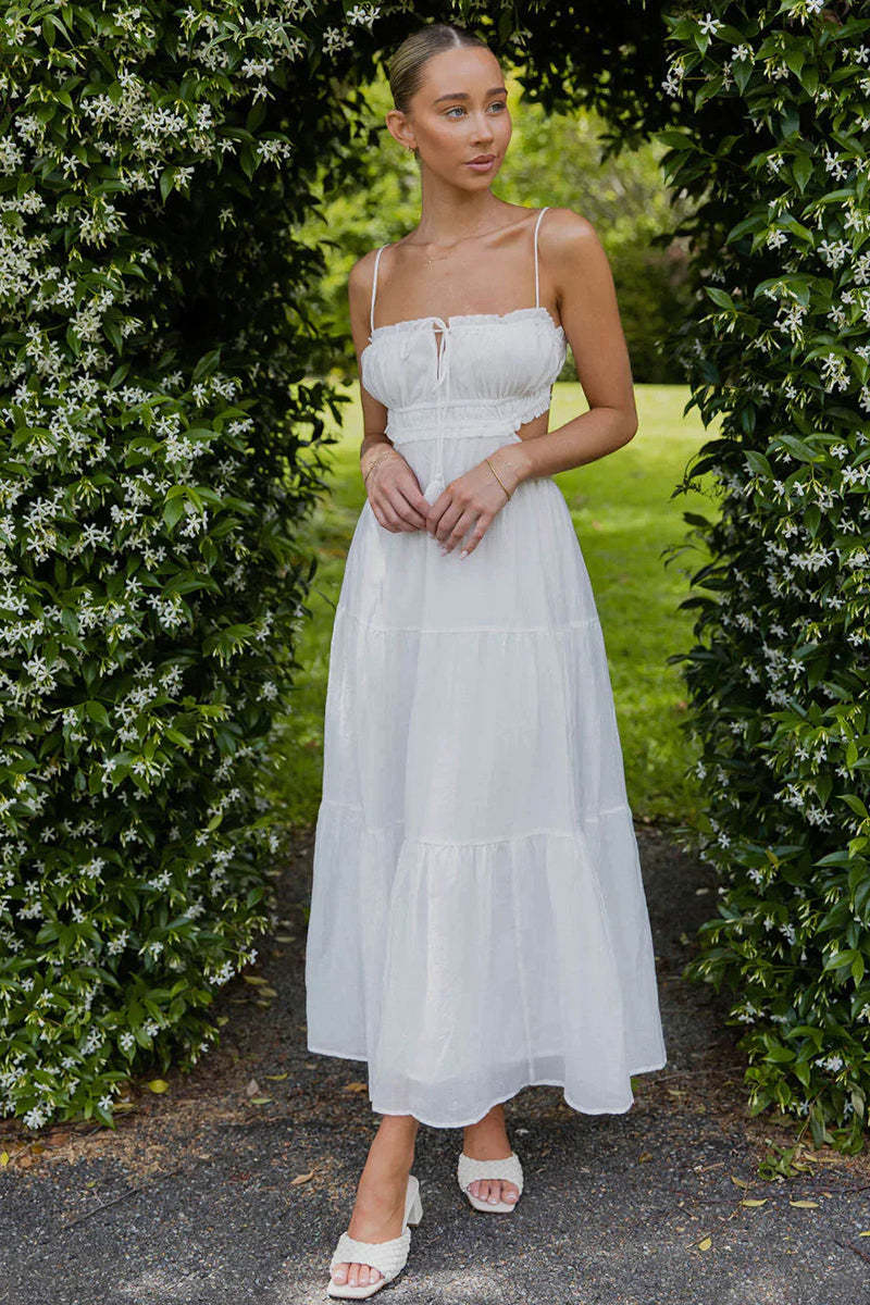 Tied Up Backless Ruched Tiered Pleated Slip Maxi Dress