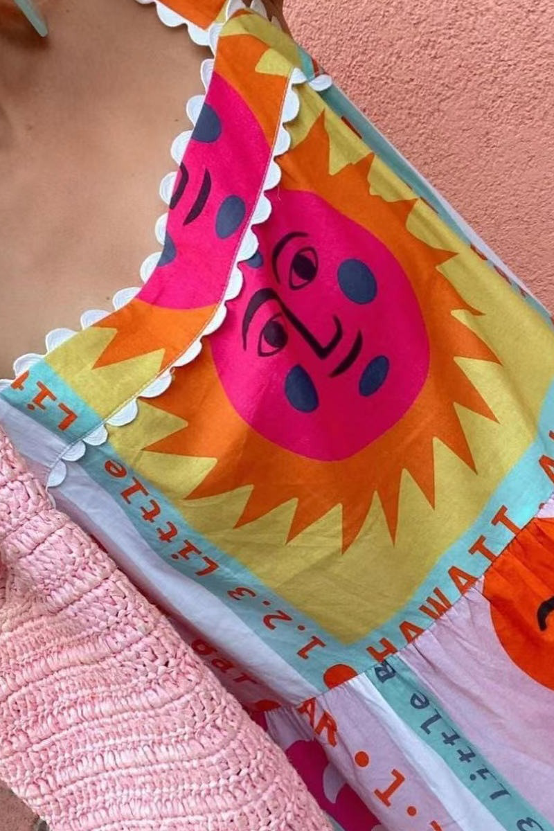 Abstract Print Thick Straps Wavy Trim Side Slit A-Line Maxi Dresses-Orange